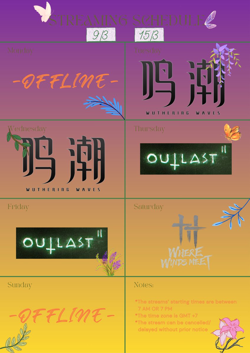 Eyy... We back!
This week's schedule is here, and yes, FINALLY, I'll be streaming Outlast 2.
I'm thinking of streaming Resident Evil game too after I'm done with Outlast 2, but Idk which one yet. Tell me what you think on the streams. See you guys soon! 🩷