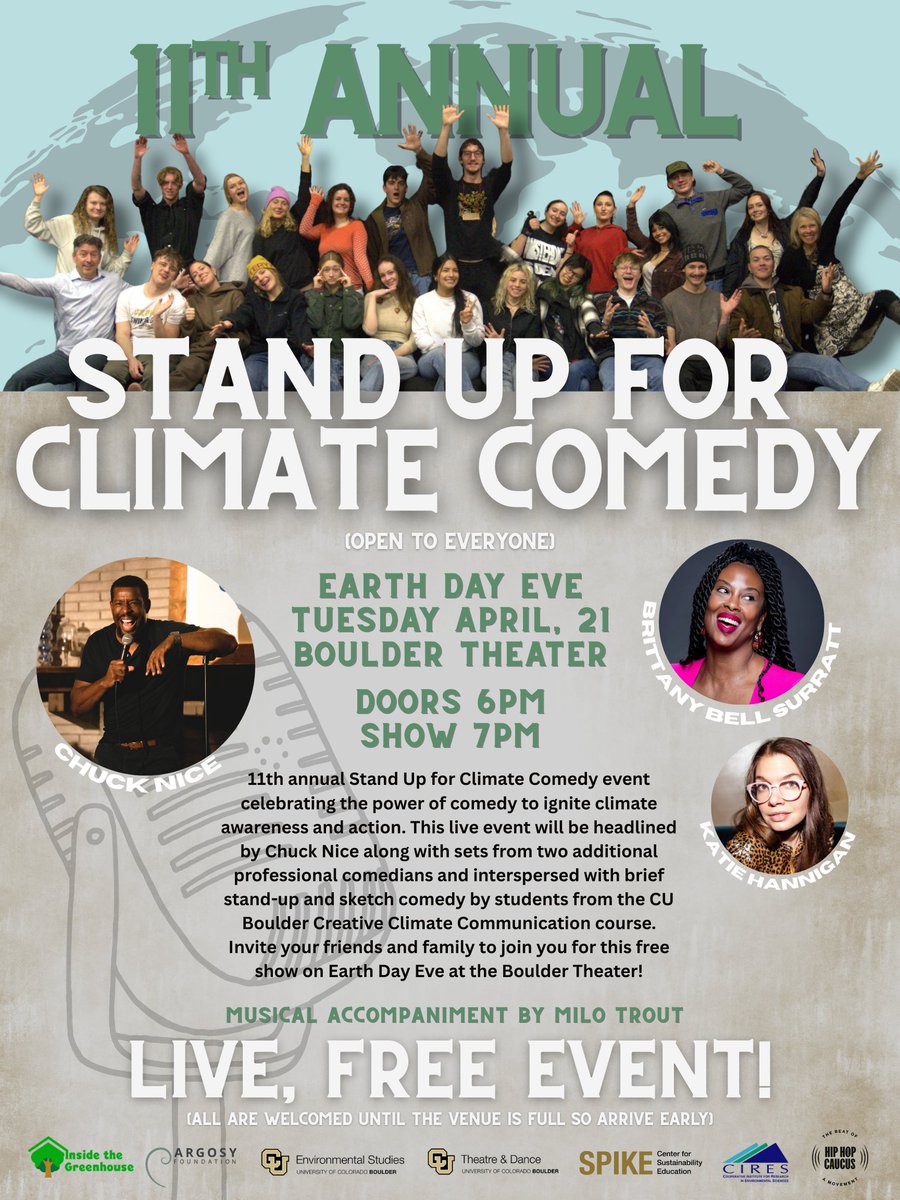 ITG_Boulder's tweet photo. That time of the year is coming once again! Join us on Tuesday, April 21 for a night of Free Climate Comedy headlined by @chucknicecomic  !

Seats are first come first serve until the venue is full. 

#climate #Comedy #bouldercolorado #science #standup https://t.co/sSiuGZLQRN