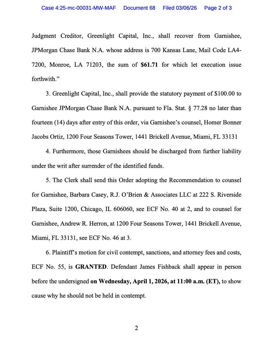 MaxNordau's tweet photo. BREAKING: A court has ruled against James "Tommy" Fishback, affirming that his former employer has the right to garnish his assets.

The court further ruled that Fishback must appear in court on April 1, 2026 to show why he shouldn’t be held in contempt.

Tommy is in trouble. https://t.co/RrFLDcr5gD