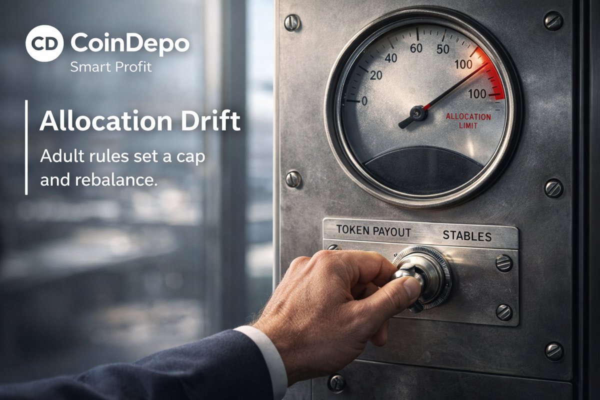 DepoCoin's tweet photo. Token payouts create allocation drift.

Even if you do nothing, your platform token % can creep up over time.

Adult rules:
1) set a cap
2) rebalance above the cap
3) once you hit the cap, switch payouts back to stables

Do you run a cap, or just “let it ride”? https://t.co/UsklW16e2T