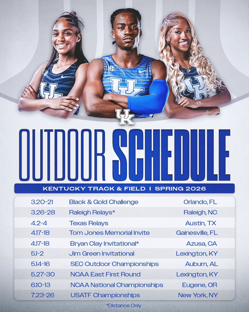 KentuckyTrack's tweet photo. It’s almost that time ➡️⏰

Here is the 2026 Kentucky Wildcats Outdoor Schedule‼️😼

#WeAreUK | #UKTF https://t.co/6t6j5YdRv3