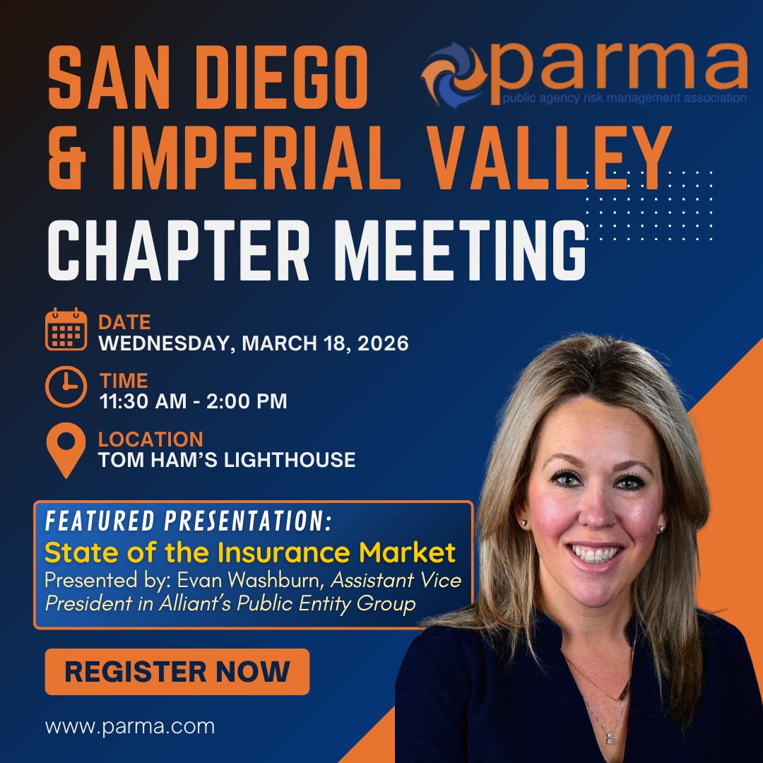 PARMA2762's tweet photo. Join us for our San Diego &amp; Imperial Valley Chapter Meeting on March 18!

Featured Presentation: State of the Insurance Market
Presented by Evan Washburn

RSVP today: https://t.co/okau6twcD9 https://t.co/JJ0xVBdJaB