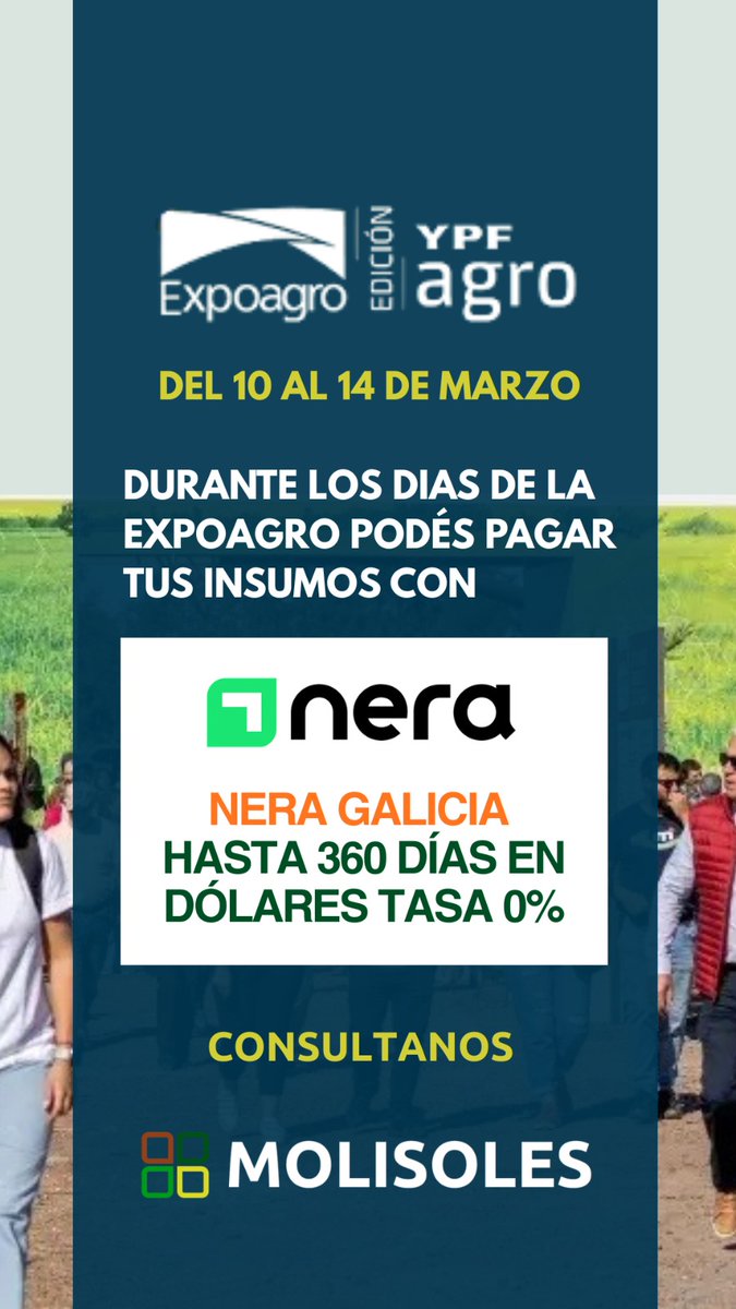 Durante #Expoagro podés adquirir tus insumos y pagarlos con Nera Galicia hasta en 360 días en dólares a tasa 0%

📲 Consultanos y te armamos una propuesta a medida según tus necesidades