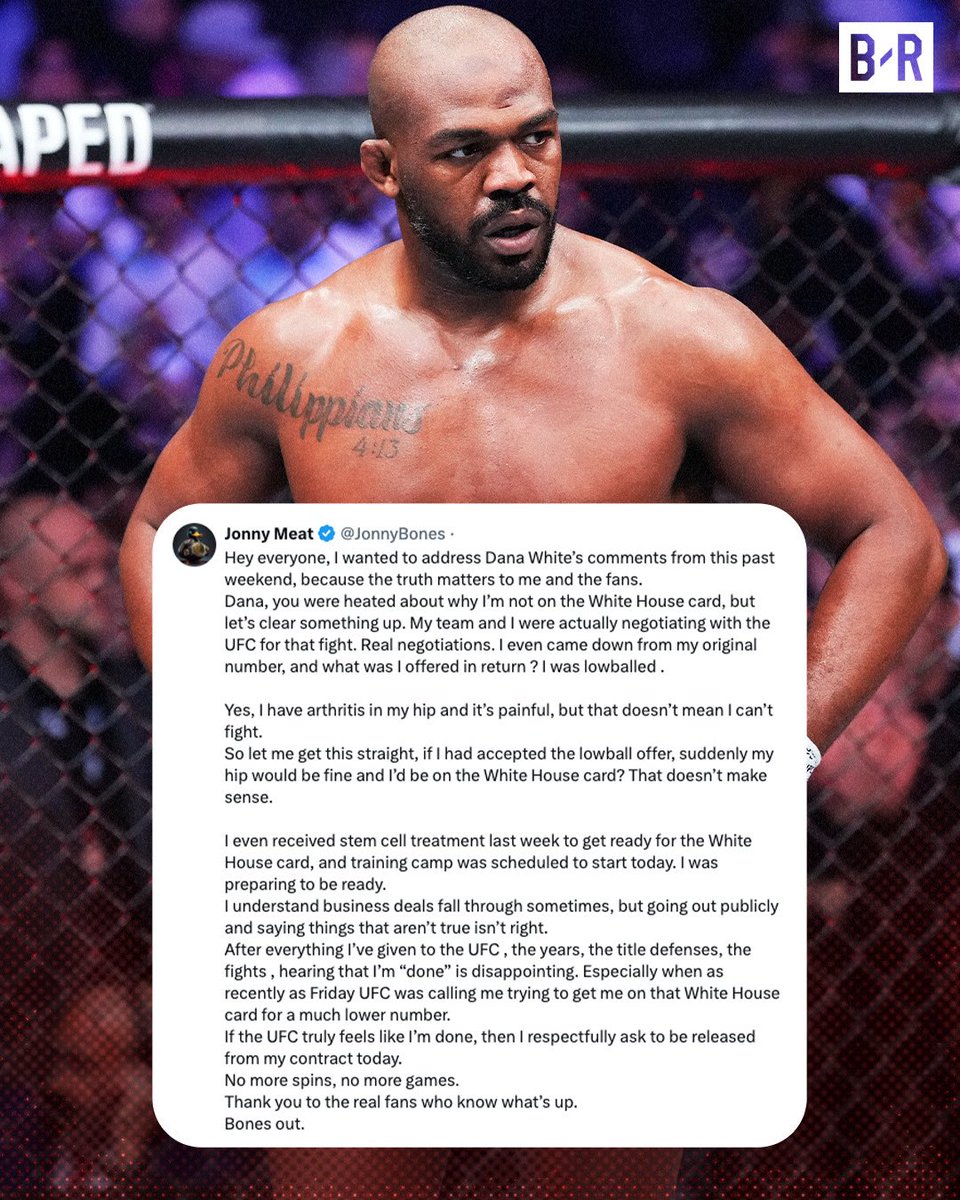 BleacherReport's tweet photo. Jon Jones has asked to be released from his UFC contract 

This comes after he was not included in the final line-up for the White House card

(via @JonnyBones) https://t.co/jI4jrKI372