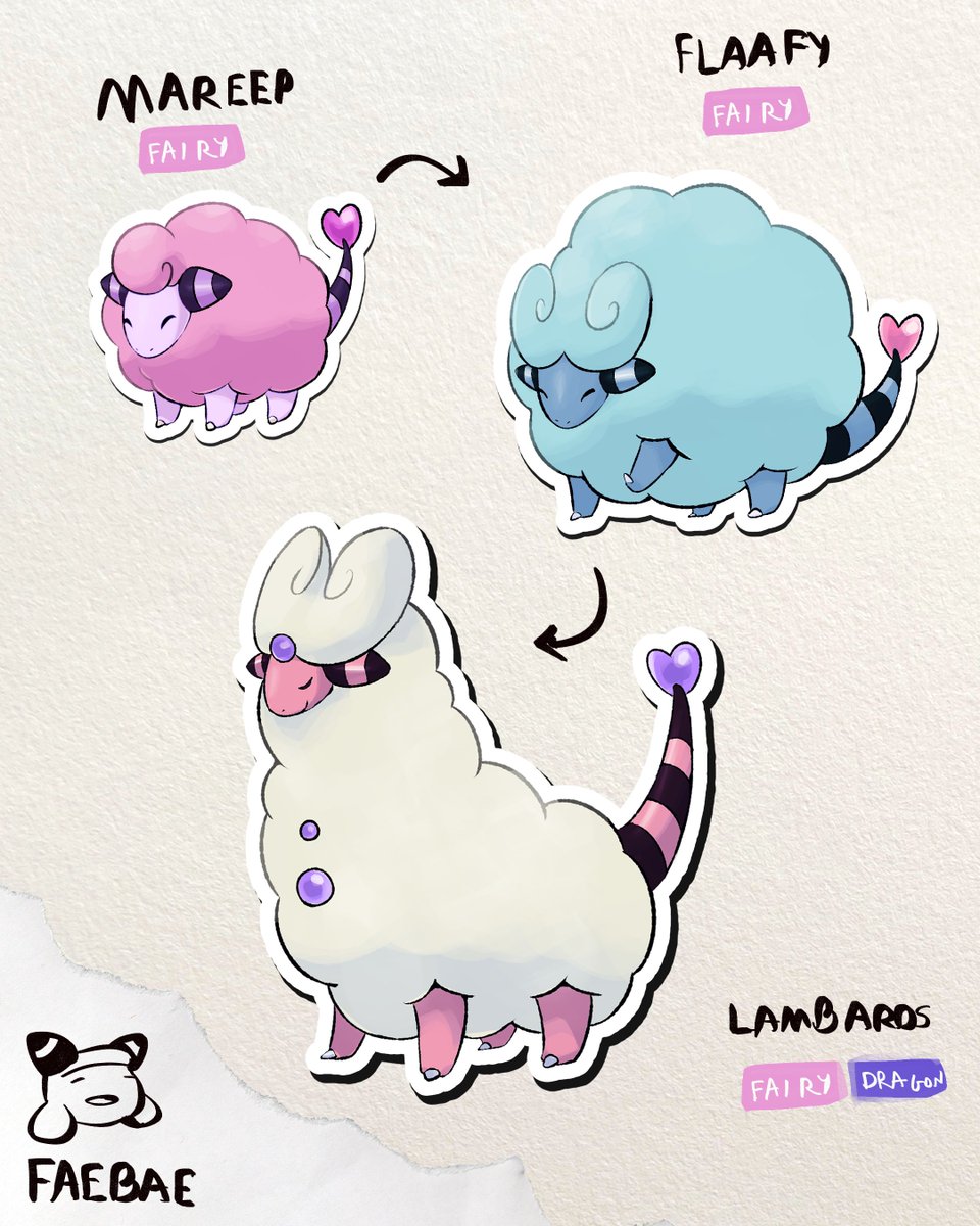 baefakemon's tweet image. Mareep regional variant with a new regional evolution!

Instead of losing fluff, this cotton candymareep gains more, becoming a very fluffy Flaafy, with Ram horns, and become a Llama/alpaca/lamb called Lambaros!

if u wanna adopt these 3 designs, DM me or check my kofi!