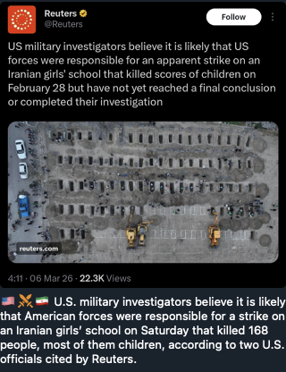 humanmusicjg's tweet photo. @TraceyLeeHolmes Such a repressive regime!
Has Trace mentioned the US bombing slaughter of Iranian schoolgirls in Minab, Iran on Feb 28...like ever?
#Iran #AUSPOL #USA #IranIsraelUSWar #ALL20 #TrumpEpsteinFiles #USterrorism #Albanese https://t.co/zMdW5zyDSf