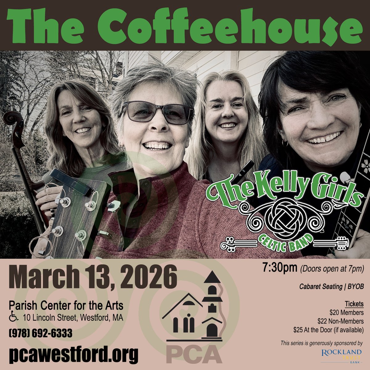 Stop by <a href="/PCAWestford/">Parish Center for the Arts (PCA)</a> this Friday for a Coffeehouse visit by <a href="/KellyGirlsBand/">The Kelly Girls</a> !  Get your tickets at parisharts.square.site/shop/pca-coffe…