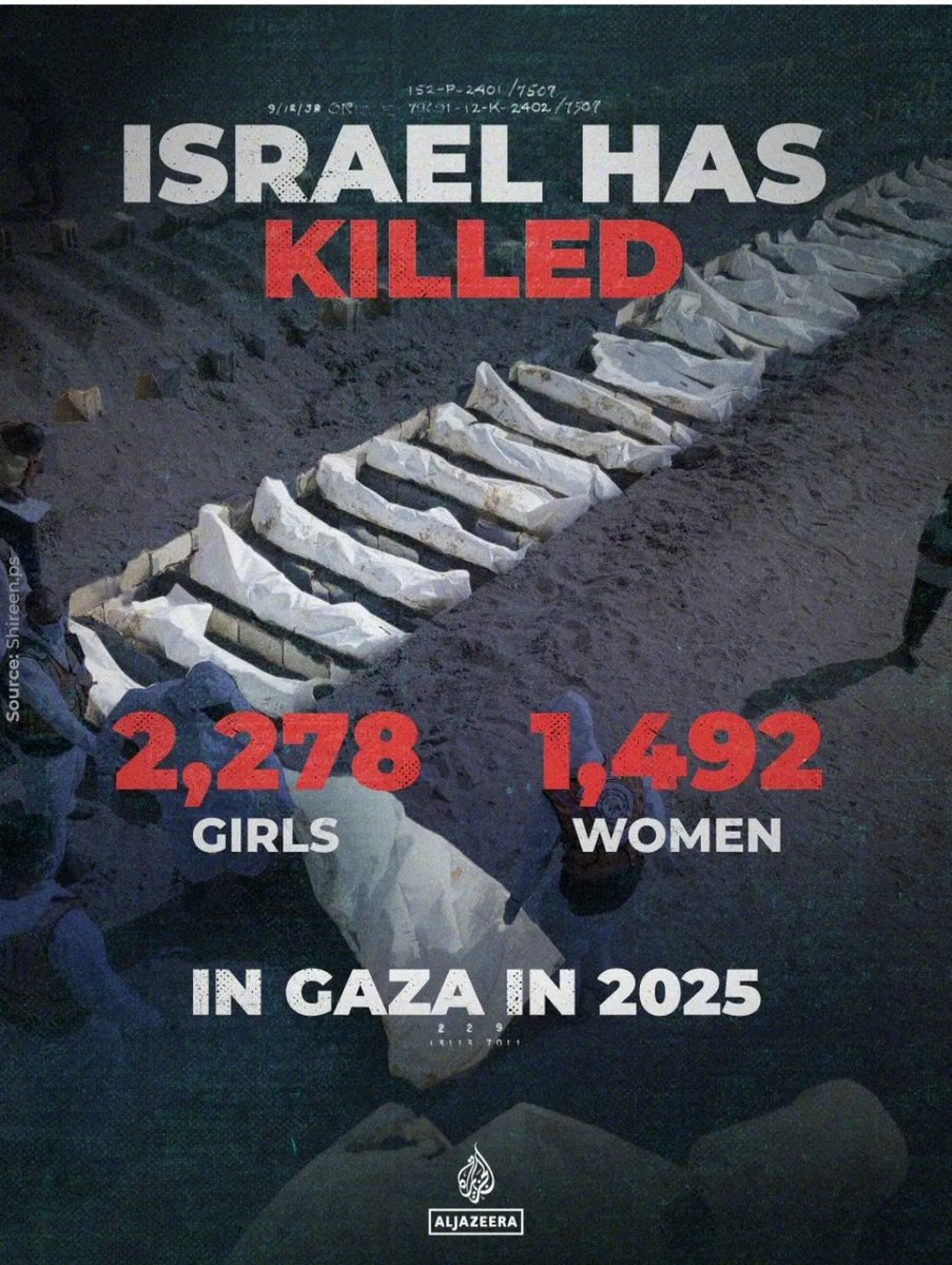 kosa_limu's tweet photo. Israel has killed tens of thousands of Palestinian women and girls in its genocidal war on Gaza. On International Women's Day, we look at the number of women and girls Israel killed in Gaza in 2025.

Source AlJazeera https://t.co/Ecu6eTDPJi