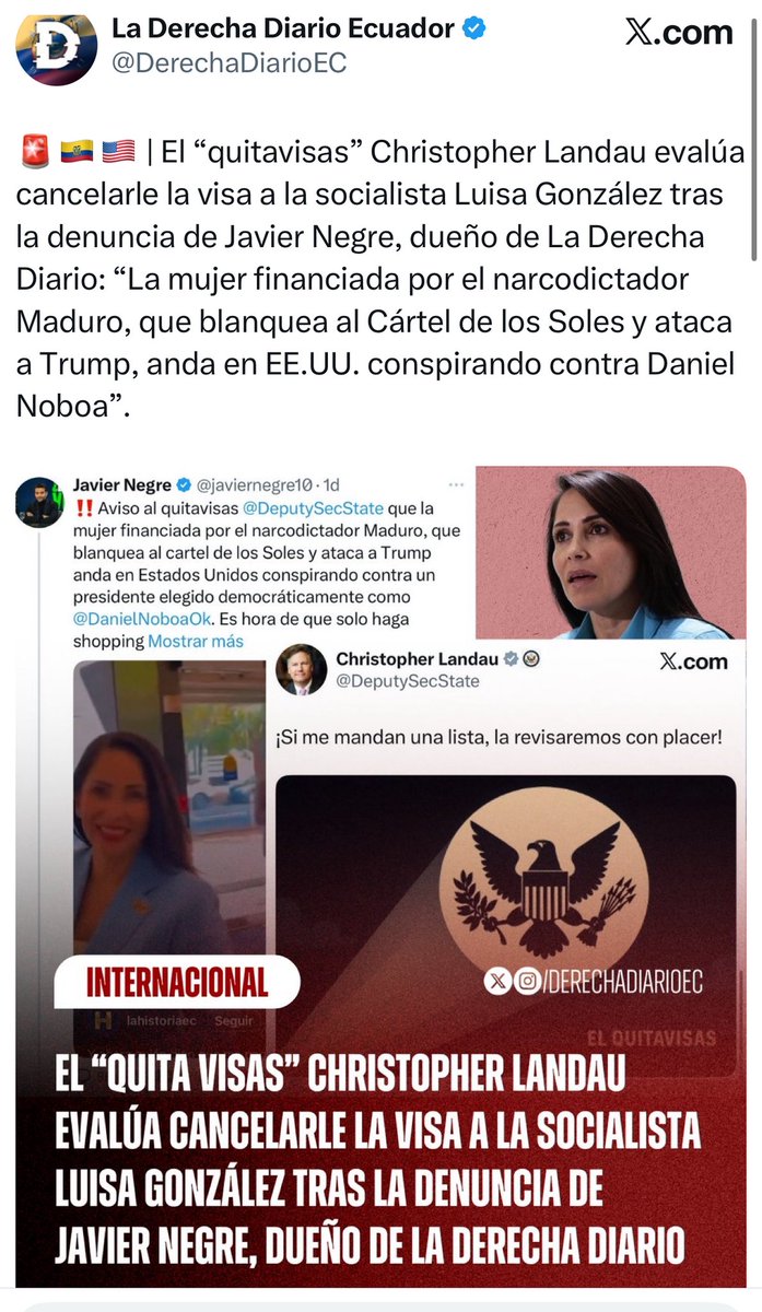 Acaban de revocarle la visa a <a href="/LuisaGonzalezEc/">Luisa González</a>, la comunista que viajaba a Estados Unidos a conspirar contra el presidente de Ecuador <a href="/DanielNoboaOk/">Daniel Noboa Azin</a>. Me alegro haberlo promovido. Estaba financiada por el cartel de los Soles de Maduro. Gracias <a href="/DeputySecState/">Christopher Landau</a>