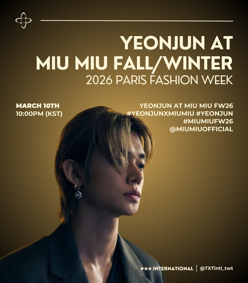 YEONJUN will attend Miu Miu's Fall/Winter 2026 Fashion Show at 10PM KST 

Livestream available:
🔗youtube.com/live/BmX4N575S…
🔗miumiu.com/us/en.html
🔗instagram.com/reel/DVn81vFjO…

YEONJUN AT MIU MIU FW26
#YEONJUNxMiuMiu #YEONJUN
#MiuMiuFW26 <a href="/MIUMIUofficial/">Miu Miu</a>