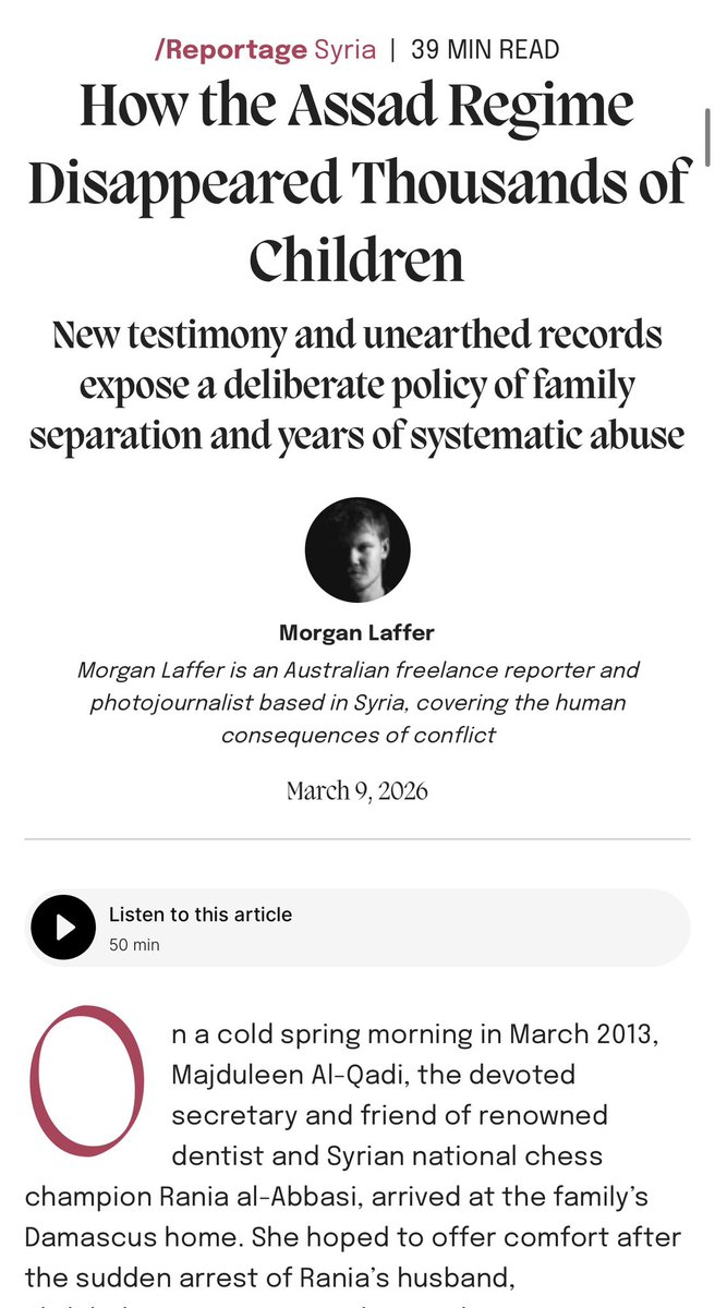 hxhassan's tweet photo. This is a major piece of journalism, an investigation into how the Assad regime disappeared thousands of children over the course of the Syrian conflict - a scale not seen since the Second World War.

By Morgan Laffer for @newlinesmag. https://t.co/x4ZcTEeebF https://t.co/AJG3nnqSdI