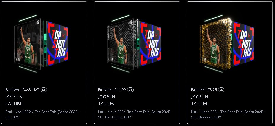 mempheattle420's tweet photo. YESSIR!!! Bought 4 Packs and ended up with 3/4 Parallels!! Only 1 missing, Galactic!! @NBATopShot #PackPulls #TopShotThis #JaysonTatumReturn https://t.co/odHf7Drq3E