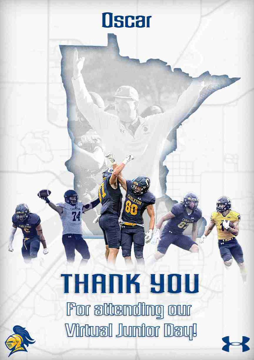 Origg54's tweet photo. Thank you to @CoachJournell and @CarletonFB for hosting me on their Virtual Junior Day last weekend! I really enjoyed learning about the athletic and academic programs! #KeepStackin https://t.co/MmrqrbZM2d