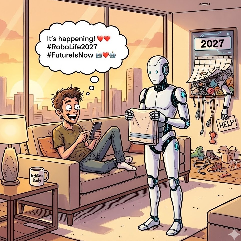 TechToonDaily's tweet photo. @kimmonismus Holy frick — a robot that tidies a showroom living room autonomously. Prediction: humanoids at home by 2027. Can’t wait for mine to freeze and say “training data insufficient” the moment the kids arrive. 🤖🧹 #TechAbsurdity #AIHype https://t.co/tPDpHxoetY