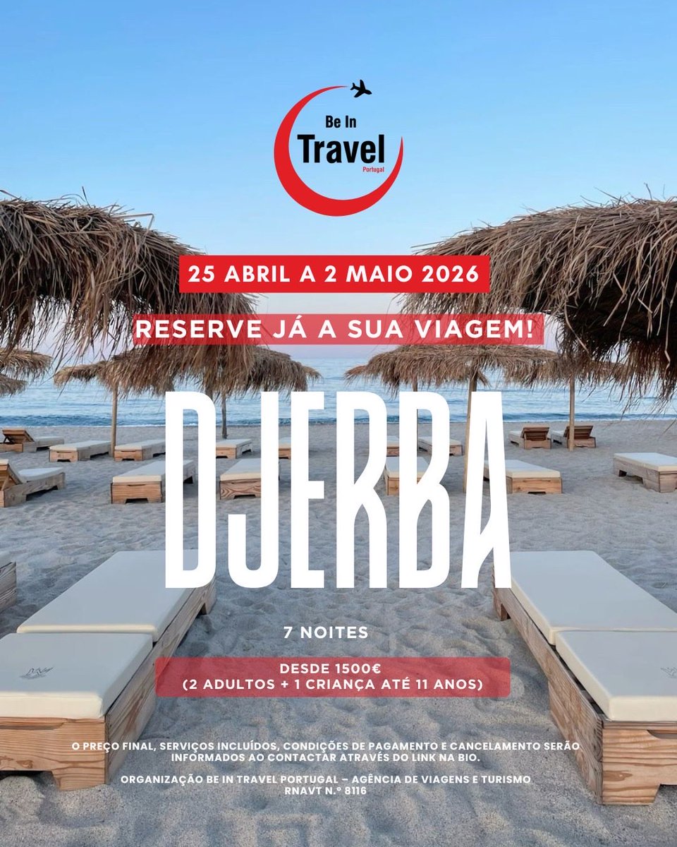 PortugalBe's tweet photo. Be In Travel- a sua Agência de viagens! 

Djerba | Pacote Especial Família
📍 Preço: Desde 1.500€ (Pacote para 2 adultos + 1 criança até aos 11 anos)

O que inclui a sua reserva:
✅ Voos diretos de Lisboa (ida e volta);
✅ Transferes aeroporto/hotel/aeroporto;
✅ 7 noites no Hotel Golf Beach & SPA 4*;
✅ Regime de Tudo Incluído;
✅ Taxas de aeroporto e Seguro de Viagem.
Não inclui: outros serviços não mencionados.

⚠️ Nota: Reservas até 20 de março, sujeito a disponibilidade de lugares no momento da reserva.

Permita-se viver o conforto de um resort à beira-mar. 

Quer saber mais? Envie-nos uma mensagem ou visite-nos. 🤗
reservas@beintravel.pt