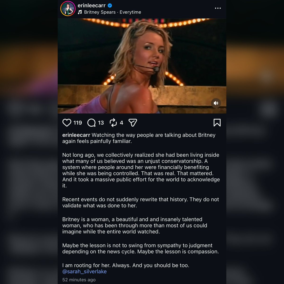 Britney vs Spears director Erin Lee Carr via Instagram:

“Not long ago, we collectively realized she had been living inside what many of us believed was an unjust conservatorship.  

Recent events do not suddenly rewrite that history. They do not validate what was done to her.