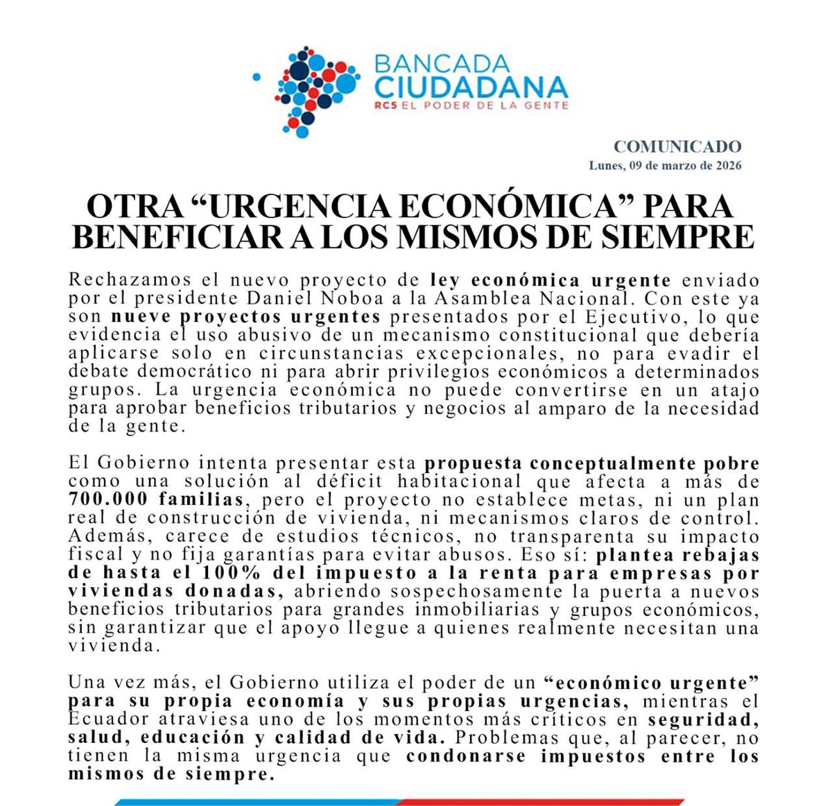 Mientras el país enfrenta una crisis sin parangón en seguridad, salud, educación, migratoria, etc, el Gobierno vuelve a enviar un proyecto de ley con carácter de “urgencia económica”… pero para abrirse a sí mismo nuevos beneficios tributarios.

Rechazamos este nuevo abuso del