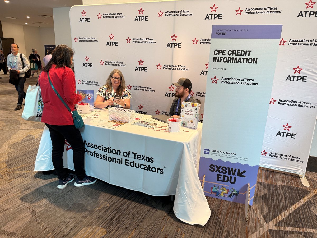 OfficialATPE's tweet image. Are you at #SXSWEDU this week? Stop by the ATPE table outside the Expo Hall on Level 2 of the Marriott to say hi and find out how to earn continuing professional education (CPE) credit at select sessions!
