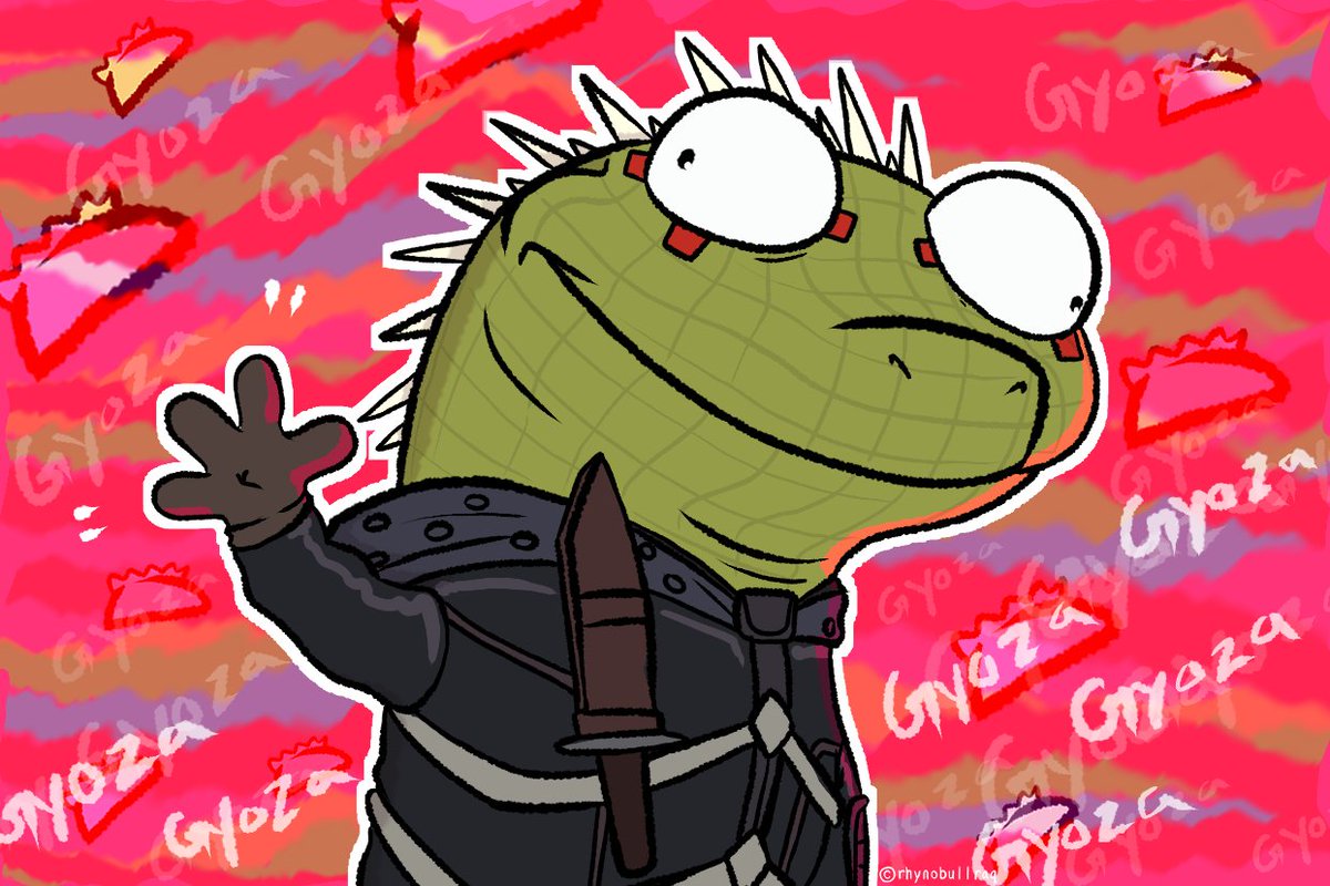 RhynoBullraq's tweet photo. Decided to do a draw over of the Tom Lizard shot again, But this time I did Caiman from DOROHEDORO 💚

But because it's him, I replaced the "lizard" with his favorite food, Gyoza! 

Welcome to Chaos ;) https://t.co/0m424pMZhQ