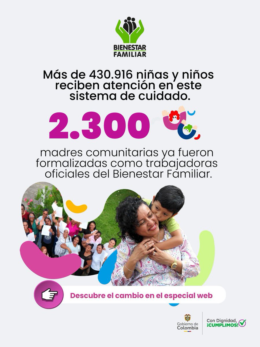 ICBFColombia's tweet photo. #EspecialWeb | Por décadas, el trabajo de miles de mujeres en los territorios sostuvo el cuidado de la primera infancia en 🇨🇴. Hoy la vinculación de madres comunitarias como #TrabajadorasOficiales comienza a reconocer esa historia con hechos concretos. https://t.co/6NbbnswCmr https://t.co/vYB5zvR6Xh