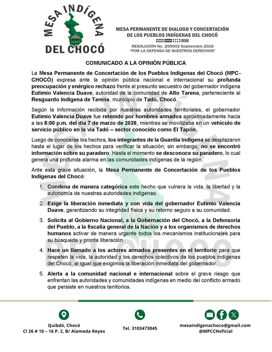 MPCCHoficial's tweet photo. DENUNCIA PÚBLICA: SECUESTRO DEL GOBERNADOR INDÍGENA EUTIMIO VALENCIA DUAVE.
@petrogustavo @MPCindigena @DefensoriaCol @FiscaliaCol @marthaperaltae https://t.co/szX8iv9dbP