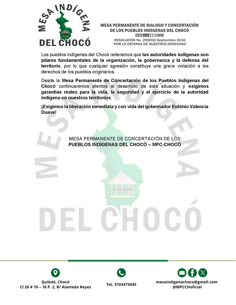 MPCCHoficial's tweet photo. DENUNCIA PÚBLICA: SECUESTRO DEL GOBERNADOR INDÍGENA EUTIMIO VALENCIA DUAVE.
@petrogustavo @MPCindigena @DefensoriaCol @FiscaliaCol @marthaperaltae https://t.co/szX8iv9dbP