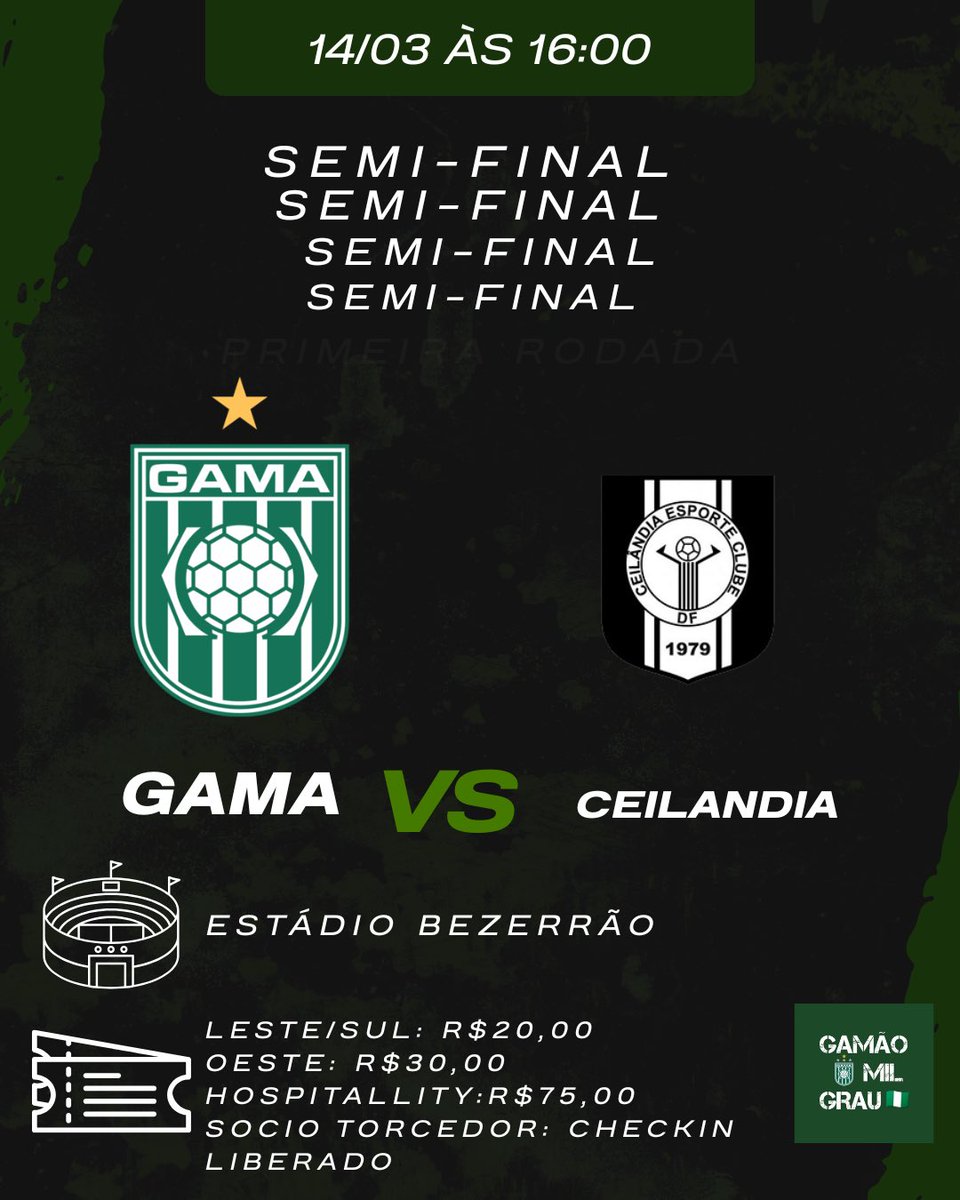 É GUERRA!

Após o empate no jogo de ida em 1x1, o MAIOR DO DF volta a campo no jogo de volta da semifinal no bezerrão, no sábado às 16horas.

Chame seus amigos, família, parente, vizinho. Vamos lotar nosso estádio mais uma vez!