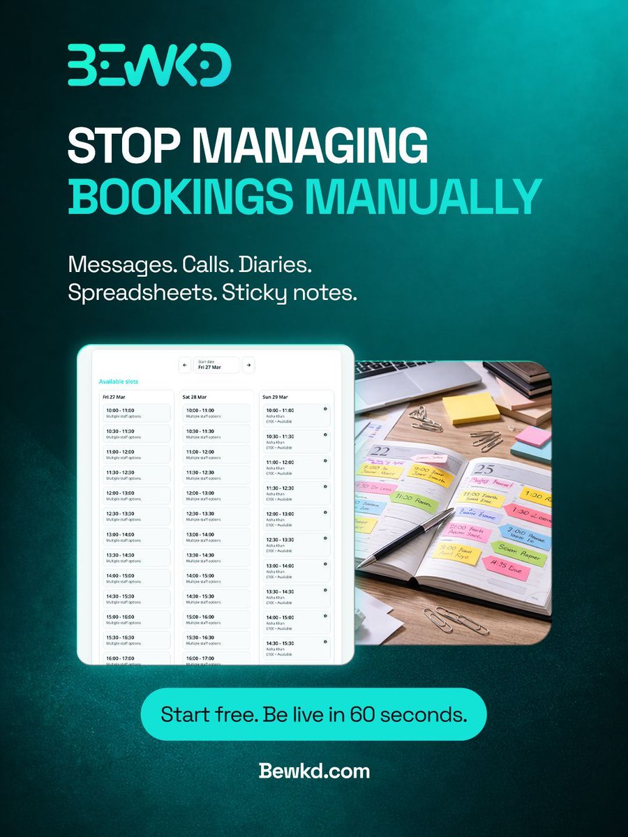 BewkdUp's tweet photo. Messages. Calls. Diaries. Spreadsheets.

Managing bookings manually takes time.

Bewkd lets your clients book instantly while you focus on the work.

Start free. Be live in 60 seconds.

https://t.co/1qDpb4TLjt

#BookingAutomation #AppointmentSoftware #SmallBusinessTools https://t.co/3aumOhbteJ