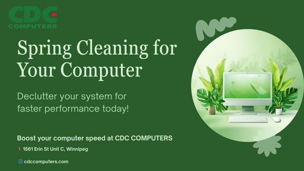 CDCComputers's tweet photo. Declutter your system → faster performance ⚡
📍 1561 Erin St Unit C, Winnipeg
 🌐 https://t.co/XJToOffPDC
 #SpringCleaning #PCOptimization https://t.co/KQ4lQU7NZ0