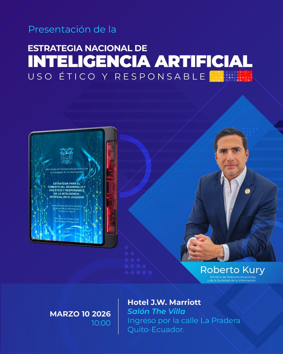 Telecom_Ec's tweet photo. 🚀 La inteligencia artificial ya forma parte del futuro del Ecuador.

Con la participación del ministro @robertokuryec , especialistas internacionales, representantes de la academia y autoridades del país, se desarrollará el evento de presentación de la Estrategia Nacional de Inteligencia Artificial.

👇 Conoce la agenda que se llevará a cabo mañana en este importante encuentro que impulsa el uso ético y responsable de la IA en el país.

#ElNuevoEcuador