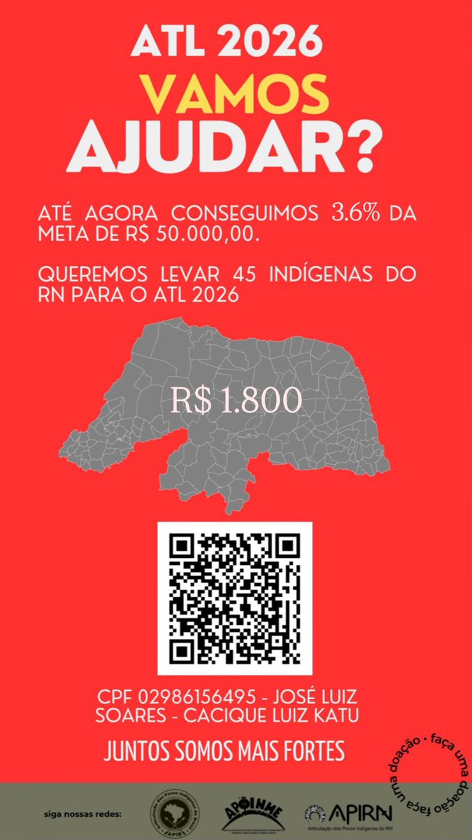 indigenasdorn's tweet photo. 3.6% da Meta
VAMOS SOMAR NA LUTA ? 

Arrecadamos:  R$ 1800,00 
Meta R$ 50.000,00

Pix CPF - 02986156495
José Luiz Soares - Cacique Luiz Katu https://t.co/JLna0DLAYm