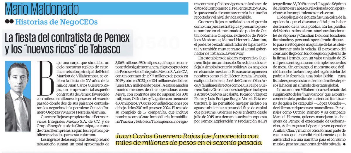 <a href="/Pemex/">Petróleos Mexicanos</a> le debe a sus proveedores más de 400,000 millones de pesos 
.
Muchos están quebrando 
.
Pero este fin de semana, un proveedor de Pemex gastó 50
Millones de Pesos en los XV años de su hija 
.
¿Quién es? Un prestanombres del ex Director de Pemex
.
Contratos por más de 3,800