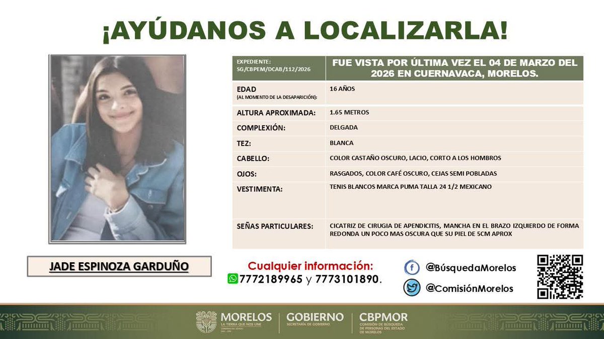 24_morelos's tweet photo. SE SOLICITA SU APOYO PARA LOCALIZARLA 

La Comisión de Búsqueda de Personas del Estado de Morelos solicita su valiosa colaboración para la pronta localización de la menor Jade Espinoza. Toda la información puede ser valiosa. https://t.co/otHFoLFVfS