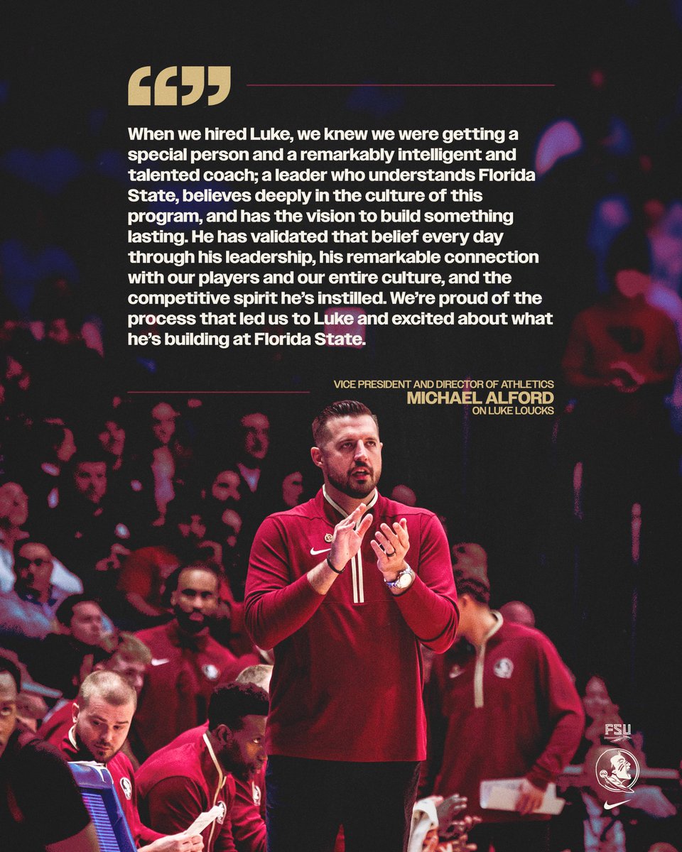 Seminoles's tweet photo. One year into a vision for building a lasting program. 🍢

“We’re proud of the process that led us to Luke and excited about what he’s building at Florida State.” - @SeminoleAlford

#GoNoles https://t.co/TeYh4XqUwT