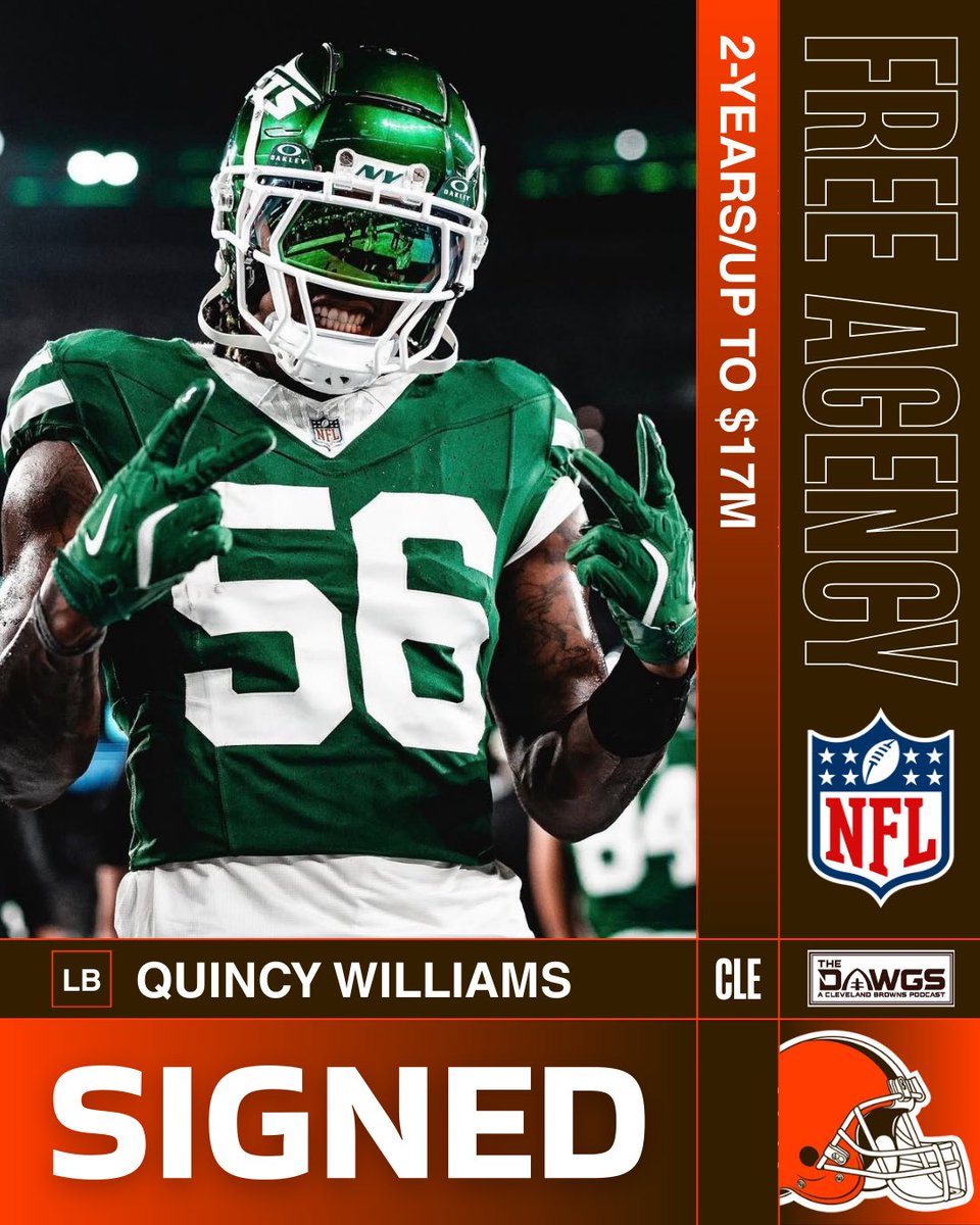 BIG one for the Browns. LB Quincy Williams is signing a 2-year deal worth up to $17M. 

2025:
- 13 games
- 83 tackles
- 8 TFL
- 3.5 sacks
- 7 PBU
- 100+ tackles each season from 2022-24

LOVE this signing for the Browns defense.