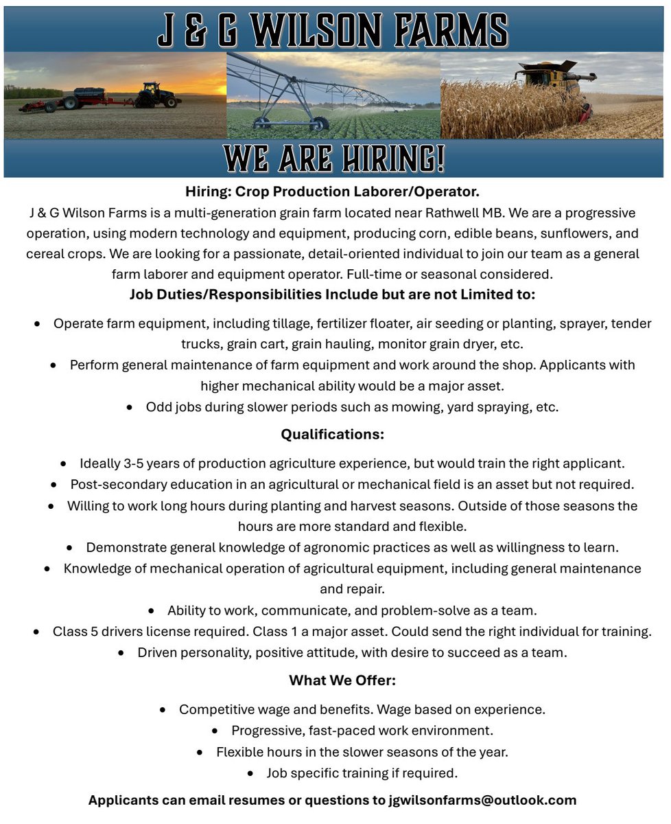 Looking to add a worker to our farm operation! South central MB. Please share!