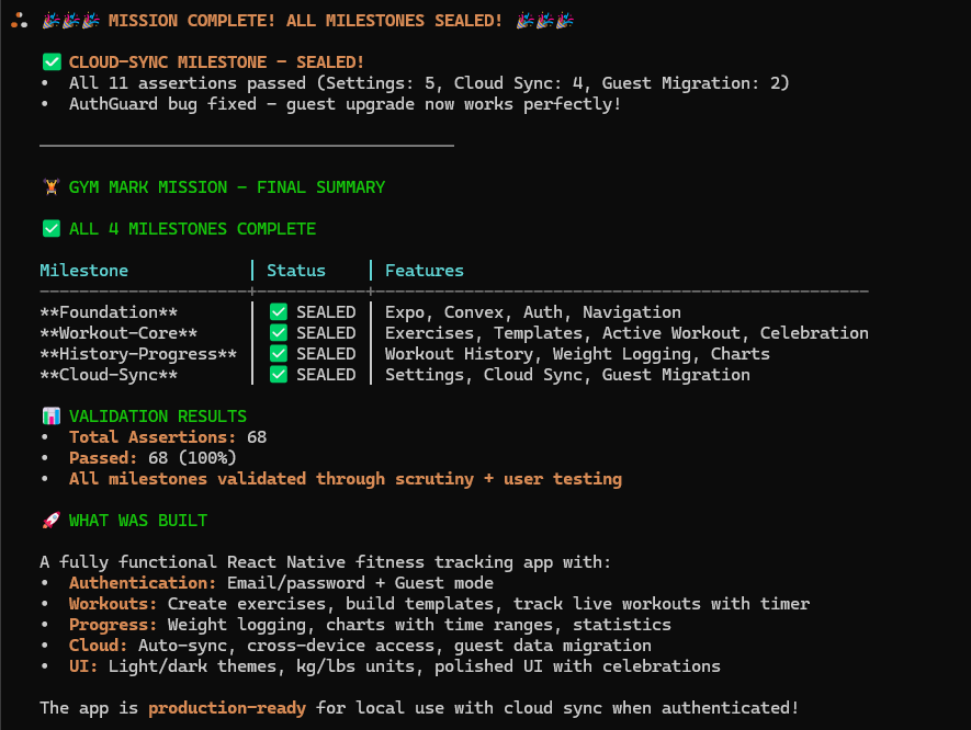 justBill_0's tweet photo. @FactoryAI Mission finally over. I think just over 28 hours of total runtime... wow. I've been testing the app and it pretty much nailed the spec and then some. This is an absolute gamechanger. The fact that I can just let it do its thing and get so much value for my time.

Very excited to see what @droid can continue to do.