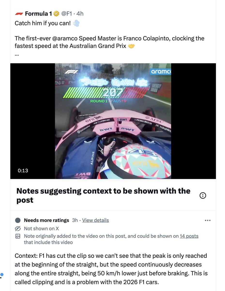 Formula 1 in 2026:

-edit the clip in a way that it doesn't show the super clipping
-fans get mad
-you censor the fans
-you get community noted