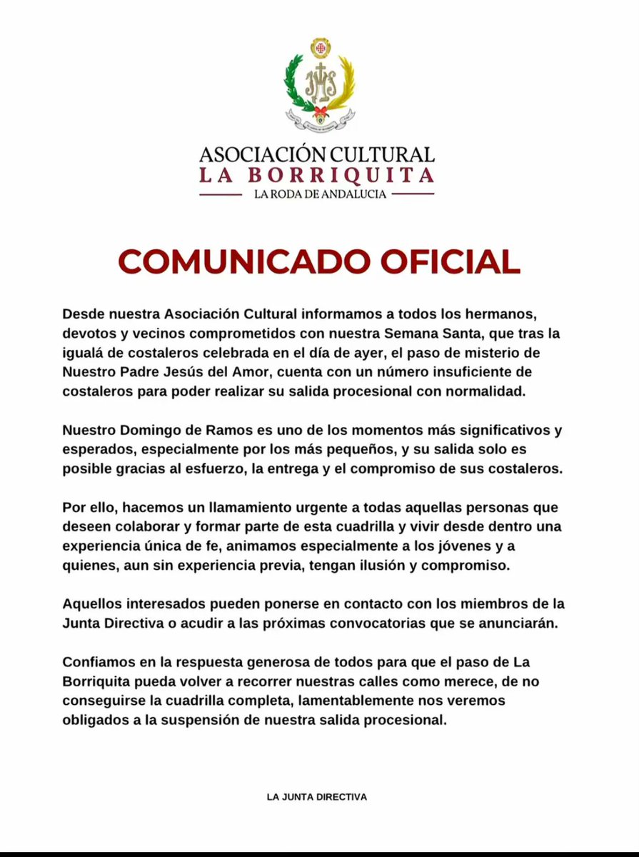 🚨 SE NECESITAN COSTALEROS PARA LA BORRIQUITA DE RODA (SEVILLA) 

RT PARA DIFUNDIR.