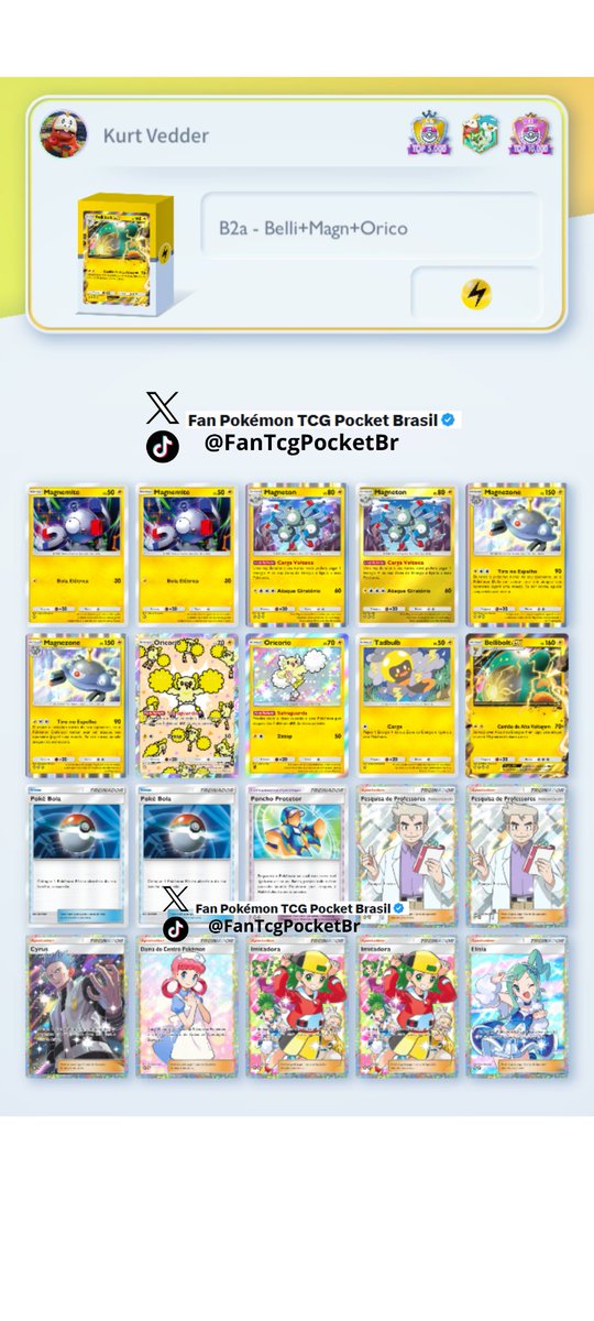 🔥💪🏻 Bellibolt EX promete ficar fixo no meta do #PokemonTCGPocket!

✅ Deck do Bellibolt EX tem algumas versões diferentes, essa com Magnezone + Oricorio está bem popular e forte, Oricorio dispensa comentários, e Magnezone cria energia própria todo turno, focando assim colocar as