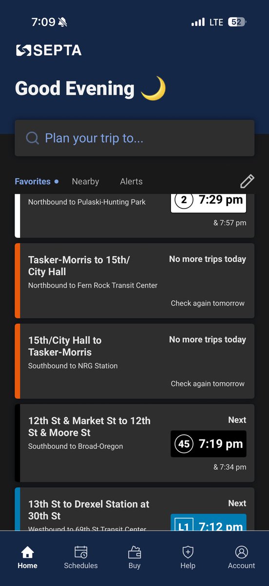 GreyNapkin's tweet photo. @SEPTA_SOCIAL evening folks. I think there might be something wrong with the app. BSL has been showing “no more trips today” for me on and off since last week… https://t.co/j16ZWRUbW3
