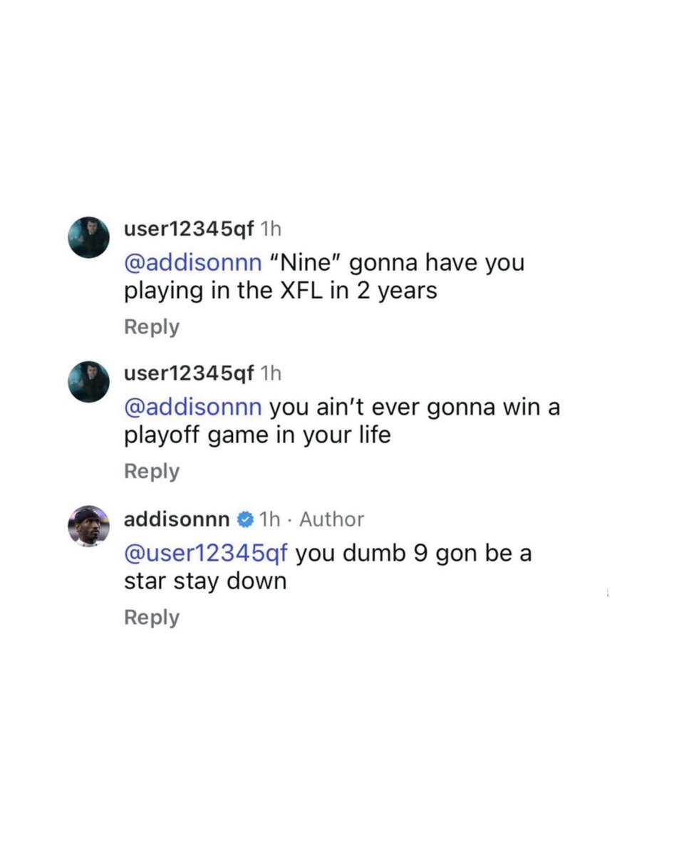 jasrifootball's tweet photo. 𝗧𝗥𝗘𝗡𝗗𝗜𝗡𝗚: Vikings WR Jordan Addison comes to the defense of JJ McCarthy in an IG comment section. 

“you dumb 9 gon be a star stay down” https://t.co/vkrZDkU13n