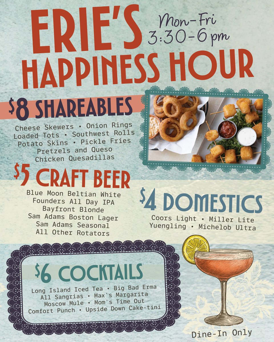 Let's raise a glass to good deals, good friends, and the happiest hours of the week.

From craft beers to comfort cocktails, each Max &amp; Erma’s has its own lineup worth celebrating.

Swipe to find your location’s Happy Hour specials and plan your next get-together!