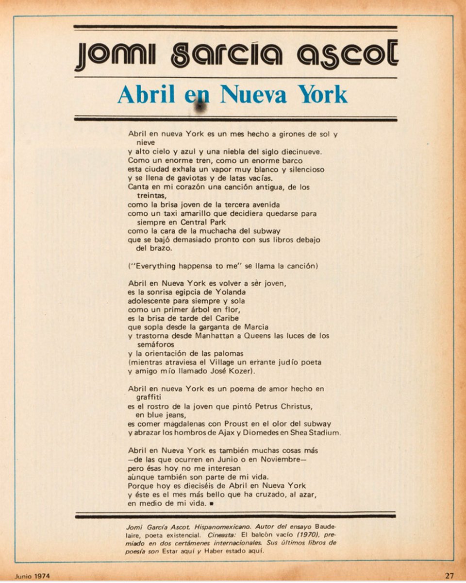 #Poesía
En el número 33 de 𝘗𝘭𝘶𝘳𝘢𝘭 se publicó “Abril en Nueva York”, de Jomi García Ascot.