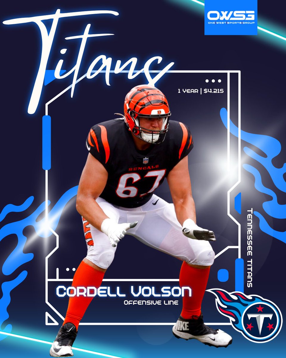 OneWestSports's tweet photo. Cordell Volson and the Titans have agreed to terms on a 1 year deal worth $4.215m and $2.45m GTD. https://t.co/S6xRstFAOw