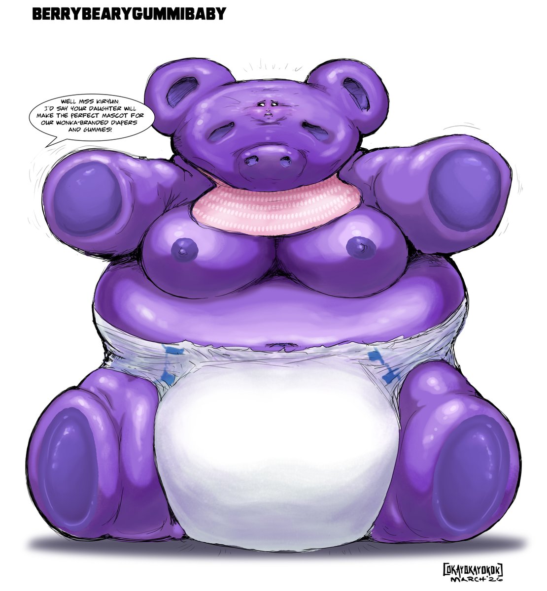 iamokayokayokok's tweet photo. Satsuki has completed her transformation into a giant gummy bear! She's squeezed into her diaper and bib and ready be Wonka's next top model. Who wants a giant gummi bear? (imagined to the tune of "who wants to be a millionaire"
Who wants to be... a gummi bear?)

sequel to: Big Gummi Girl