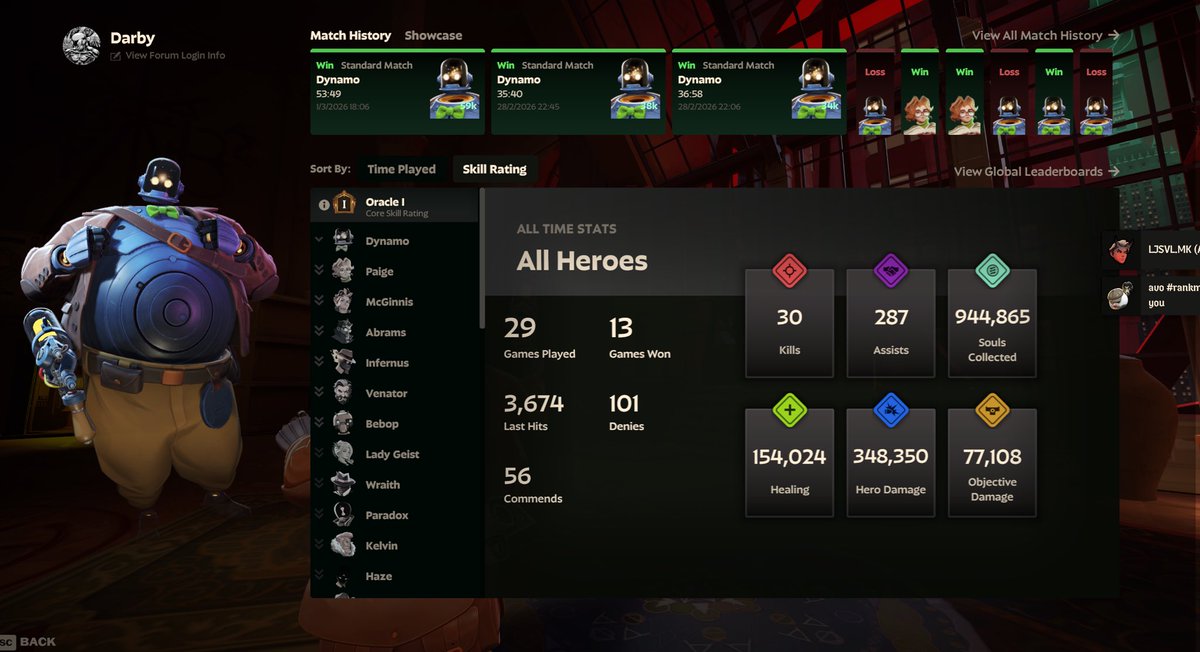 darvfx's tweet photo. @DeadlockAnon I was oracle after 29 games, thankfully I have since dropped rank and also improved so I do well enough in games now, but you can see in this screen shot I averaged one kill a game. It was torture and I also felt bad for my teammates. https://t.co/go4M1MXn7v