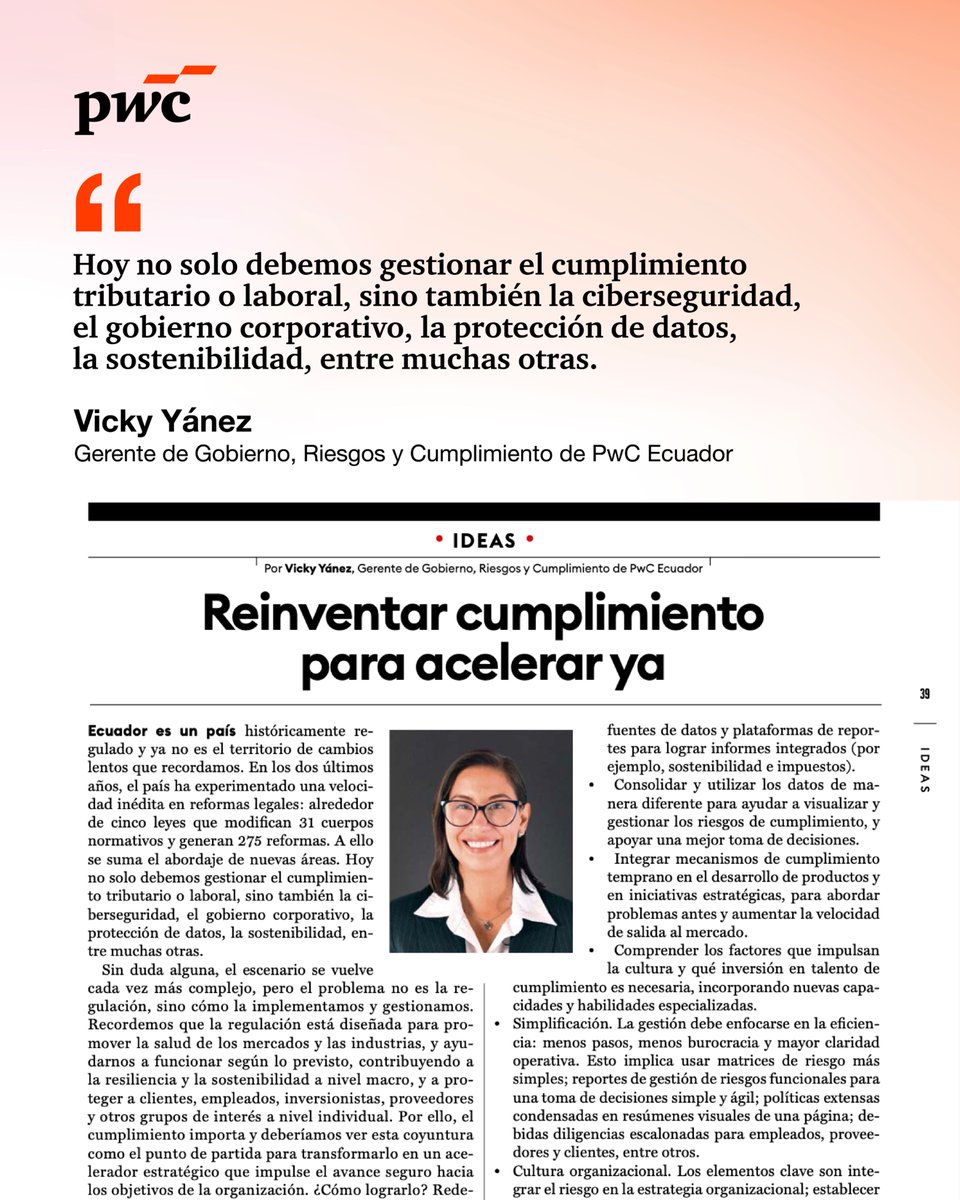 ¿Puede el cumplimiento ser un acelerador estratégico?
En Forbes Ecuador, Vicky Yánez (PwC Ecuador) analiza cómo reinventarlo para fortalecer la gobernanza y la toma de decisiones.
Artículo: img.masterbase.com/v2/1/4957/b/Pu…
#PwCInsights #Cumplimiento