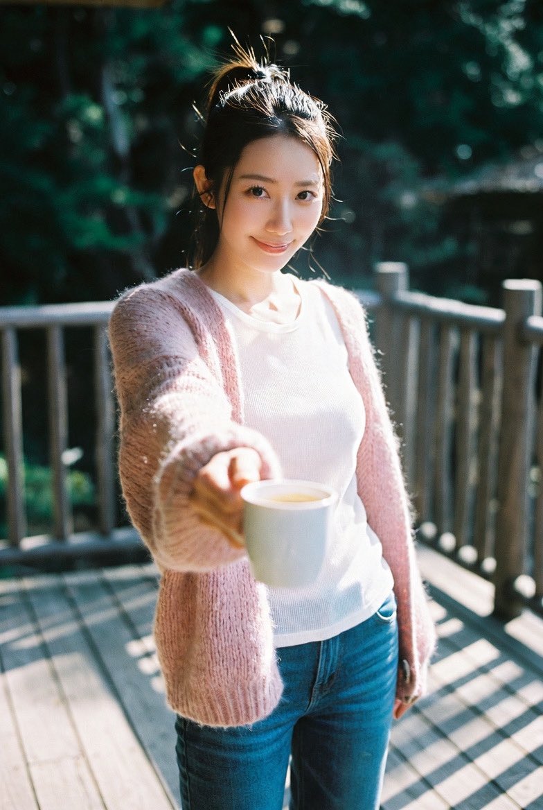 ryobizyoAI's tweet photo. 【木漏れ日のテラスと、ピンクニットの彼女が差し出す少し熱めのコーヒー】

澄んだ空気が心地よいテラスに出ると、ピンクのニットを着た彼女が「はい、どうぞ」と恥ずかしげに、マグカップを差し出してきた。少し寝癖の残るポニーテールと、湯気越しに向けられる満面の笑み。「熱いから気をつけてね」と笑うその声を聞くだけで、どんな高級なカフェのコーヒーよりも心が満たされていく。この特等席の朝時間は、誰にも譲れない。