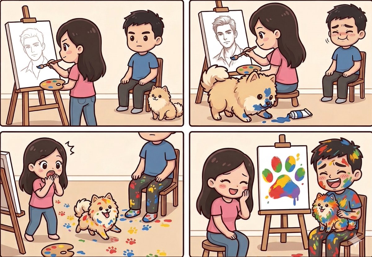 Meryn9416's tweet photo. Expectation: A beautiful portrait. 
Reality: A technicolor disaster (and a very happy pup). 🌈✨
Swipe to see the chaos! 👇

#Comics #DogLovers #ArtistProblems #PomeranianLife #Chaos #ArtistOnTwitter #ComicStrip #Viral #FunnyComic #ExpectationsVsReality #ArtistOnX #PomOfX https://t.co/l4pHP1nZJy